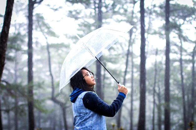 雨季の森に立っている女性が傘を握っている側面の景色