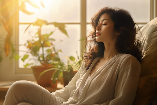 Photo side view woman relaxing at home