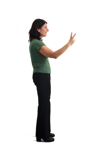 side view of a woman showing victory sign with fingers on white background