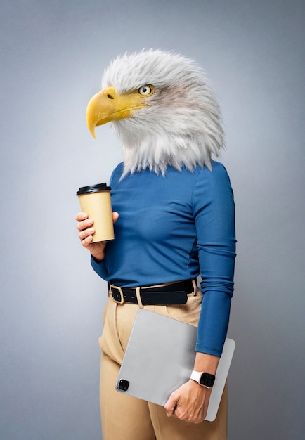 side view woman wearing eagle head