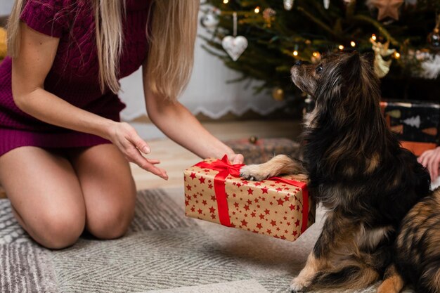 Photo side view of woman with dog