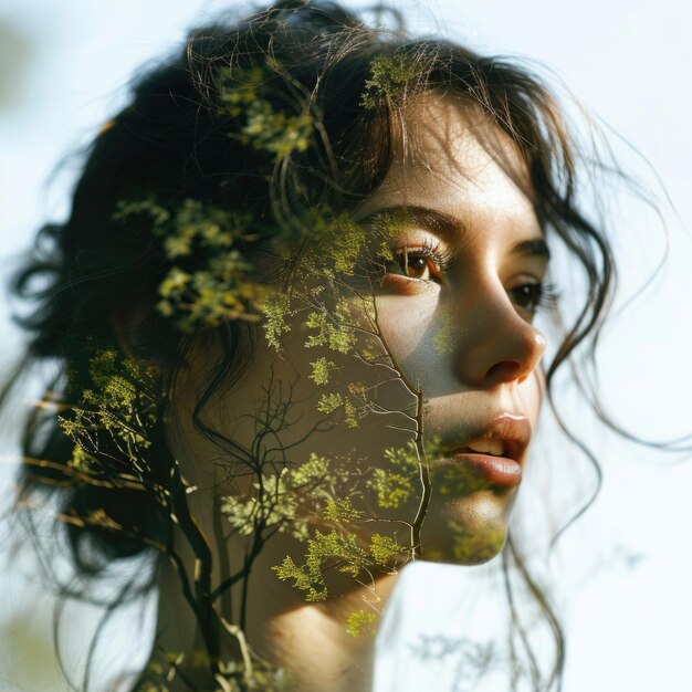 Side view of woman with flowers and spring trees with double exposition