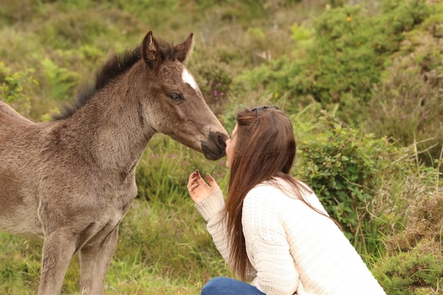 Foto vista laterale di una donna con un cavallo nella foresta