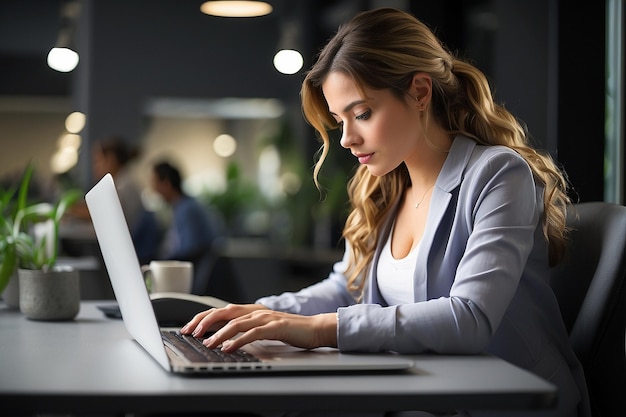 Side view woman working on laptop ar c v