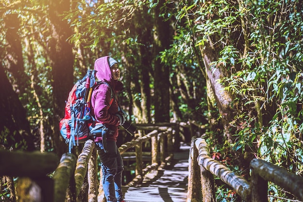 Foto vista laterale di donne con zaino in piedi su un ponte pedonale nella foresta