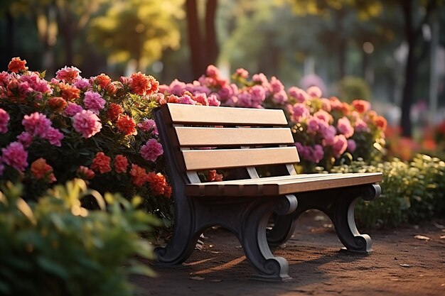 明るい日に美しい色とりどりの花が咲く公園の木製ベンチの側面図