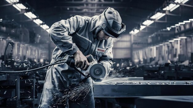 Side view of worker using angle grinder for metal cutting