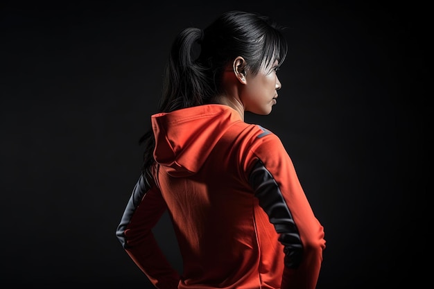 Side view of young Asian woman in red sportswear on black background Template advertising of sportswear or gym Generative AI