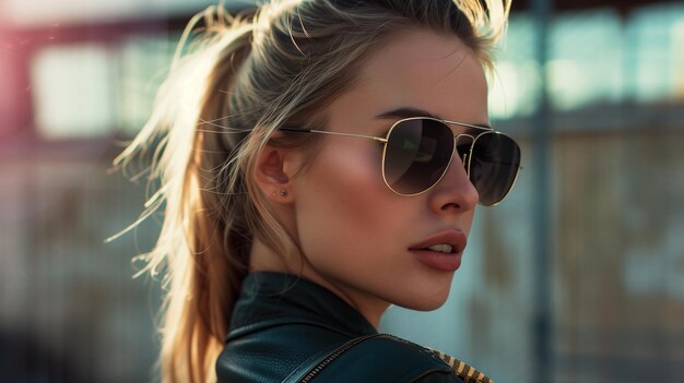 Side view of a young blonde caucasian woman with confident look and sunglasses