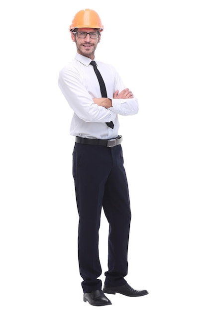 Side view young business man in a protective helmetisolated on white background