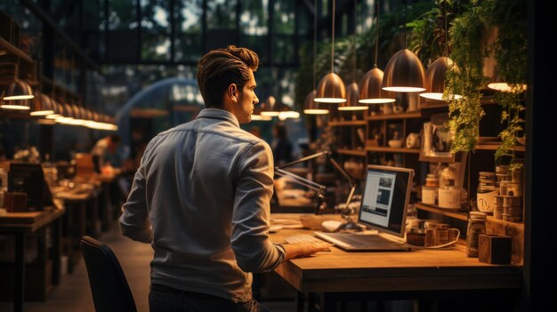 Side view of young businessman working on laptop in the coffee shop