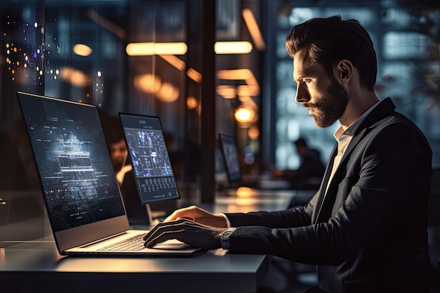 Side view of young businessman working on laptop while sitting at night office Concentration entrepreneur using PC technology office AI Generated