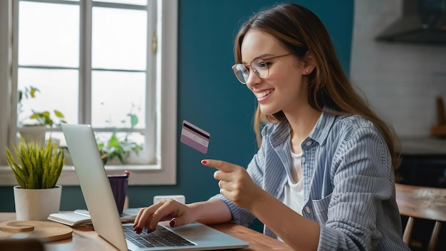 Side view of young charming caucasian woman with eyeglasses holding credit card and using laptop fo