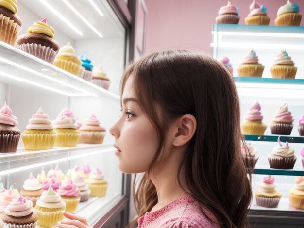 Side view of a young girl in a vibrant cupcake store