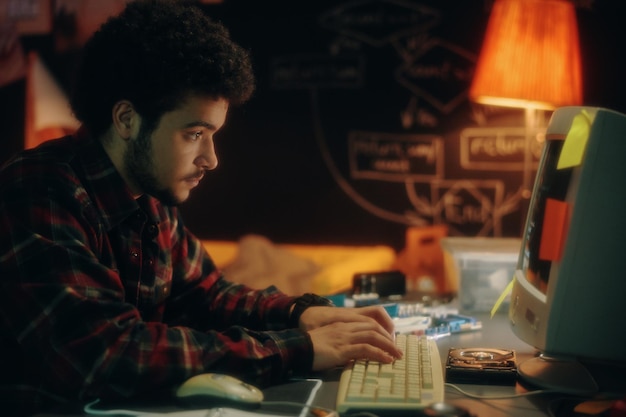 Вид сбоку на молодого человека, набирающего коды на клавиатуре на компьютере для разработки нового программного обеспечения