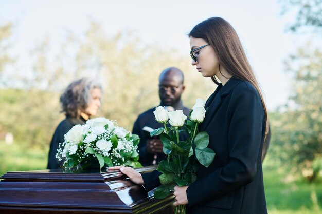 Foto vista laterale di giovane donna in lutto con mazzo di rose bianche