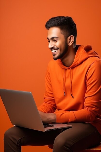 Foto vista laterale giovane uomo indiano sorridente indossa una maglietta abiti casuali tenere uso punto di lavoro su laptop computer navigazione su internet isolato su sfondo colore arancione rosso studio