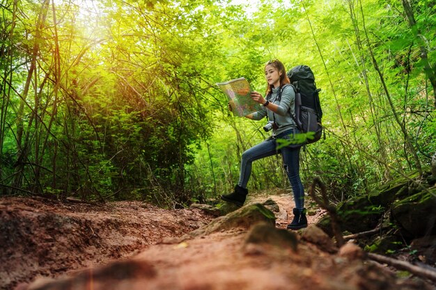 Side view of young woman using mobile phone in forest