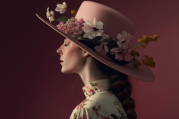 Side view of young woman wearing hat with flowers isolated on pink background AI generation