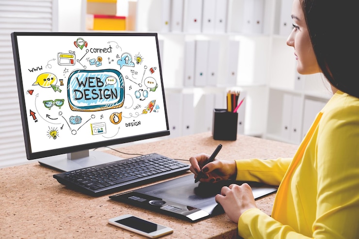 Photo side view of a young woman in a yellow shirt drawing a stylish colorful web design sketch on her desktop computer. concept of creative work and modern technology