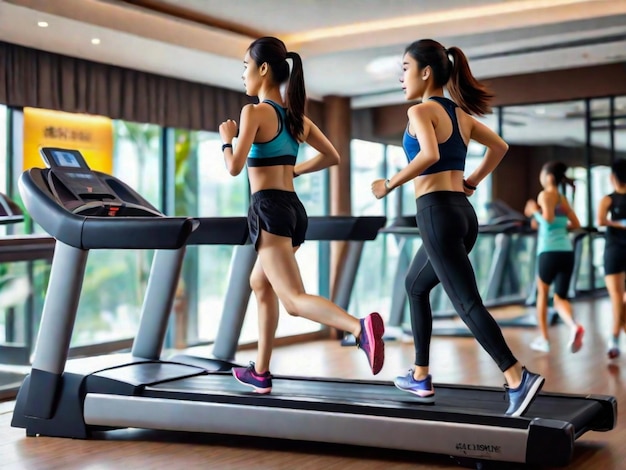 Side view of young women athlete running on treadmill in a hotel sport club