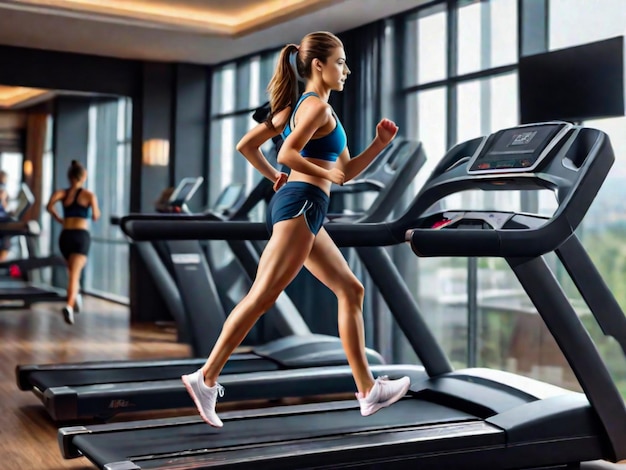 호텔 스포츠 클럽 에서 트레드밀 에서 달리는 젊은 여성 운동 선수 의 측면 시각