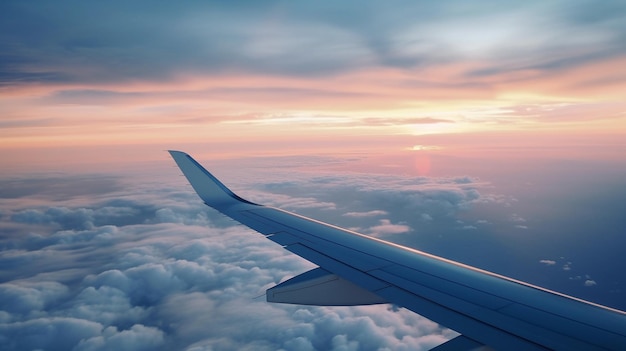 Вид боковых крыльев самолета, летящего в небе на закате Концепция путешествий и туризма