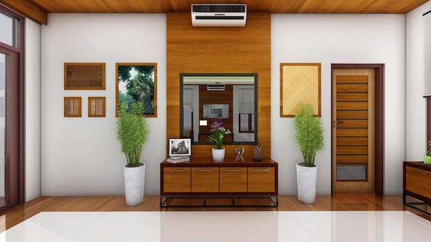 Sideboard using wood wall panels, modern living room. 3d renders