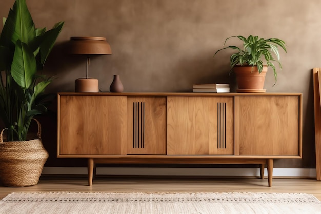 A sideboard with a lamp and a plant on it.