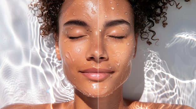 Foto un confronto laterale della pelle di una persona prima e dopo un'idratazione adeguata per una sessione di sauna