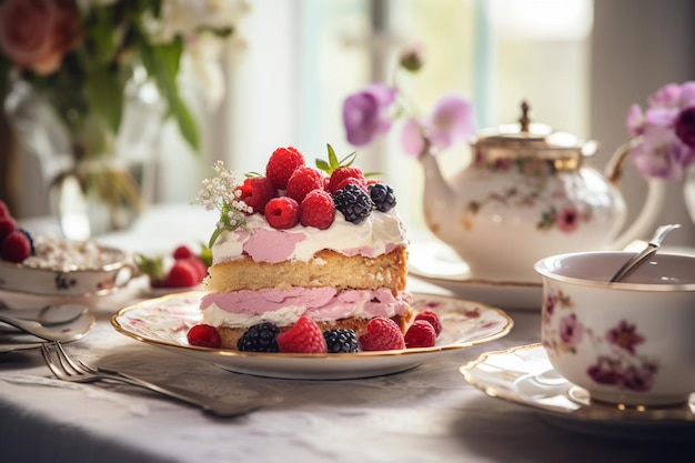 Sideview of chocolate cake with whipped cream and cherries on the table