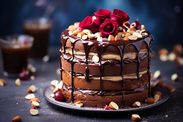 Sideview of chocolate cake with whipped cream and cherries on the table