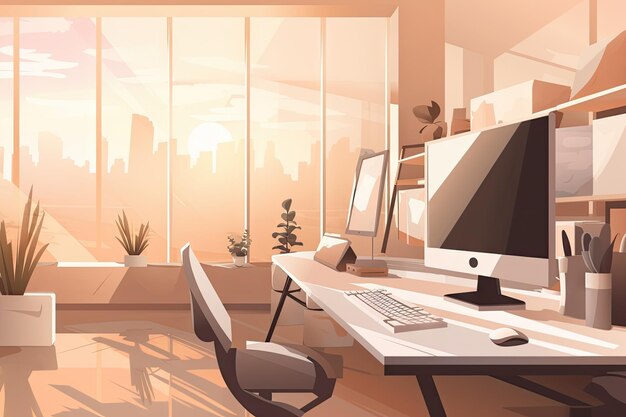 Sideview illustration of modern office workspace with closeup details created with generative ai