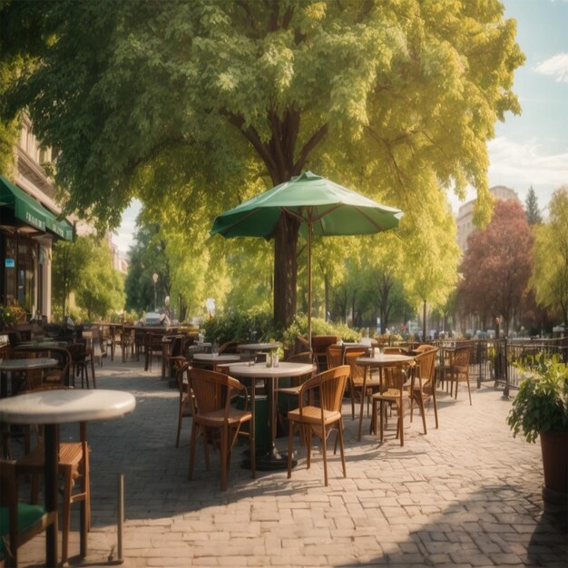 カートゥーンスタイルで描かれた市立の都市公園の歩道のコーヒーショップで飲み物を飲む