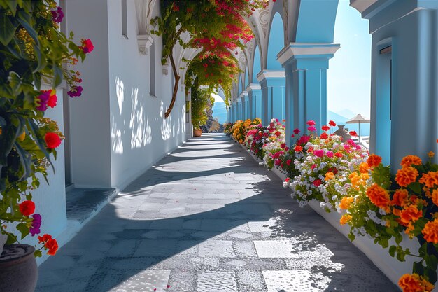 Photo sidewalk decorated with flowers santorini