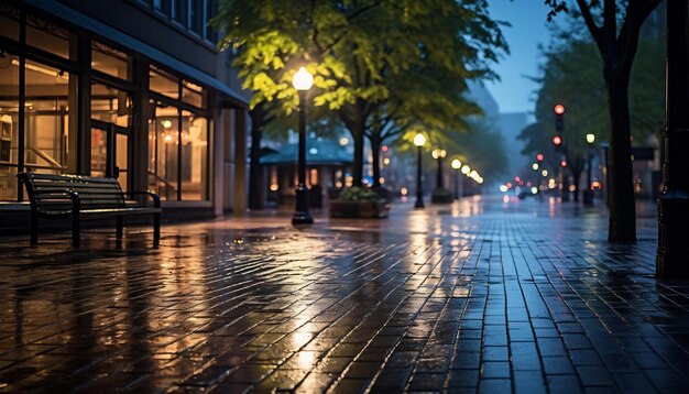 sidewalk at night after rain with wet streets