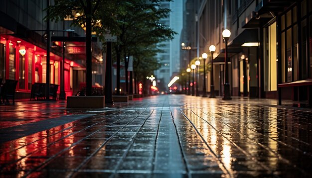 sidewalk at night after rain with wet streets