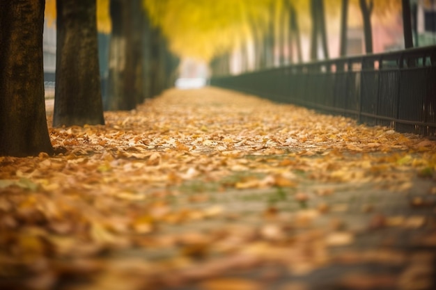 A sidewalk with leaves on it and a bridge in the background