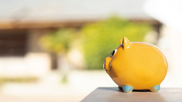 Photo sideways front view piggy bank on blurred background