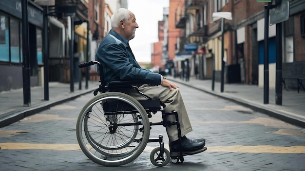 Sideways old man sitting on wheelchair