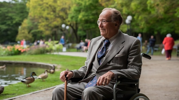 Sideways old man sitting on wheelchair