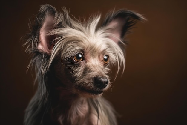 Sideways portrait of a chinese crested puppy with copy space background