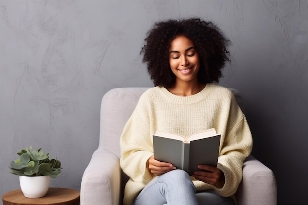 Sideways young woman of African American ethnicity wear tshirt drink coffee read book close eyes si