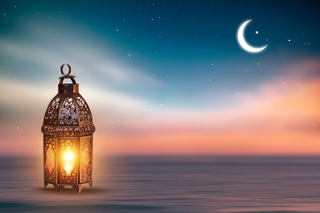 Sier Arabische lantaarn met brandende kaars gloeien. Feestelijke wenskaart, uitnodiging voor moslim