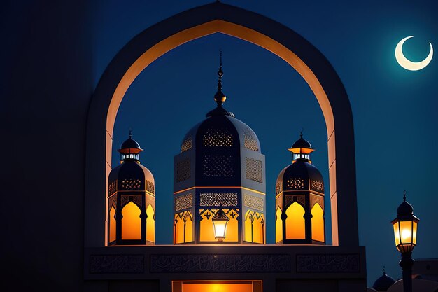 Sier Arabische lantaarn met brandende kaars glowingMuslim heilige maand Ramadan Kareem Generatieve AI