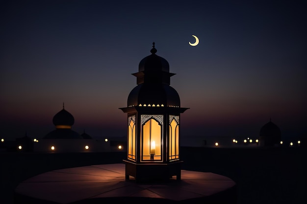 Sier Arabische lantaarn met brandende kaars glowingMuslim heilige maand Ramadan Kareem Generatieve AI