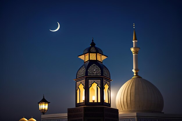 Sier Arabische lantaarn met brandende kaars glowingMuslim heilige maand Ramadan Kareem Generatieve AI