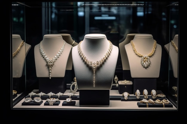 Sieraden diamanten ringen en halskettingen worden getoond in de vitrine van de luxe winkeletalage;
