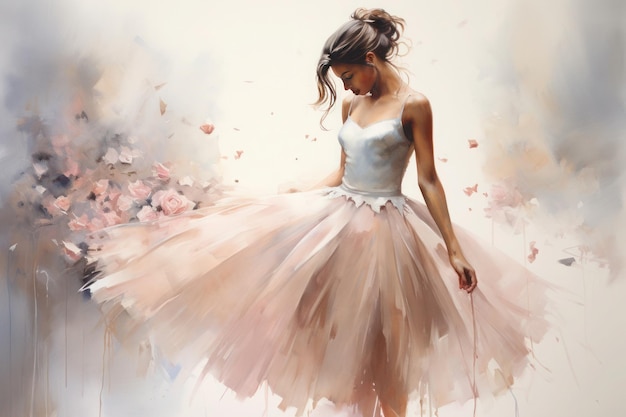 sierlijk meisje in een balletjurk getekend in aquarel