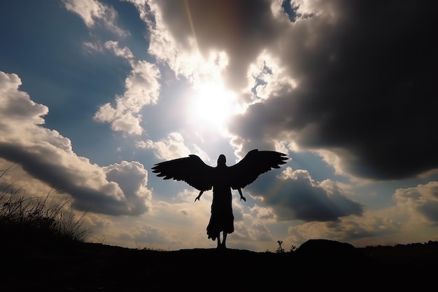 Sierlijk schaduwsilhouet van gevleugelde menselijke engel die vleugels uitspreidt met uitzicht op de natuur